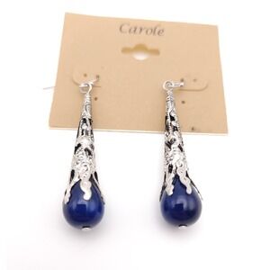Carole Blue Cat Eye Glass Earrings Silver Filigree Long Drop